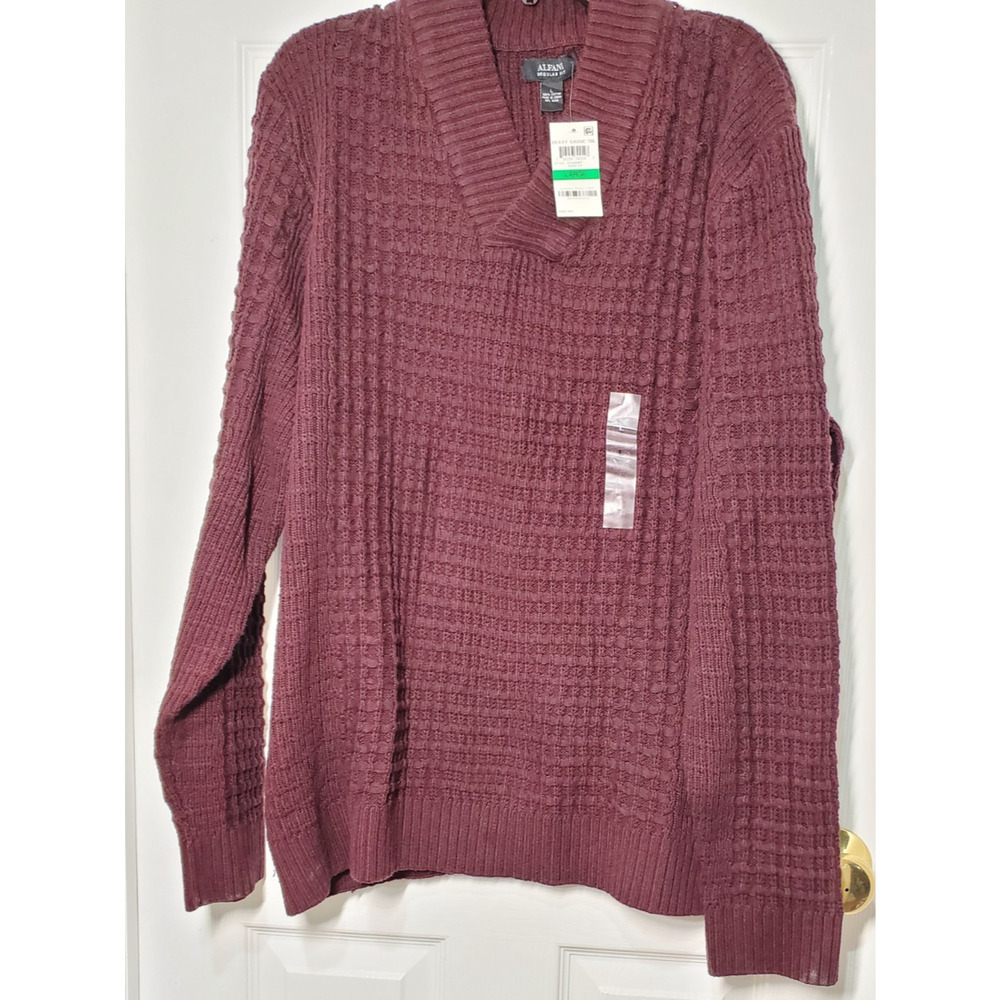 Mens Large Alfani Wool Sweater Red Cable Knit Shawl Collar Pullover Pure Wool